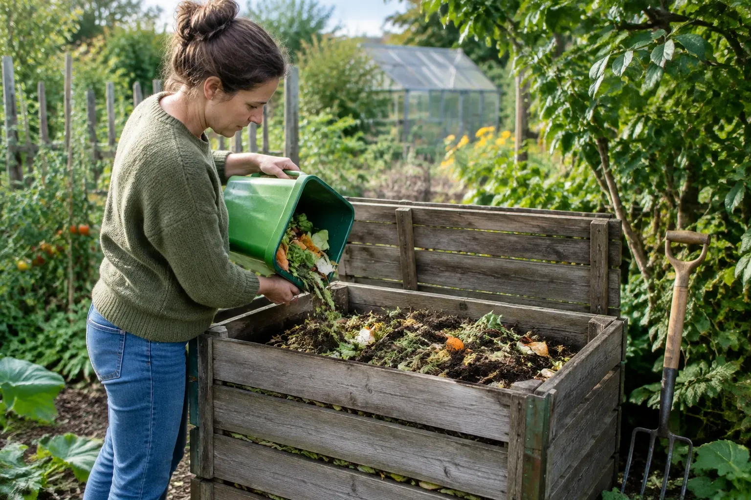 Vrouw kiept groen afval uit emmer in houten compostbak in zonnige moestuin
