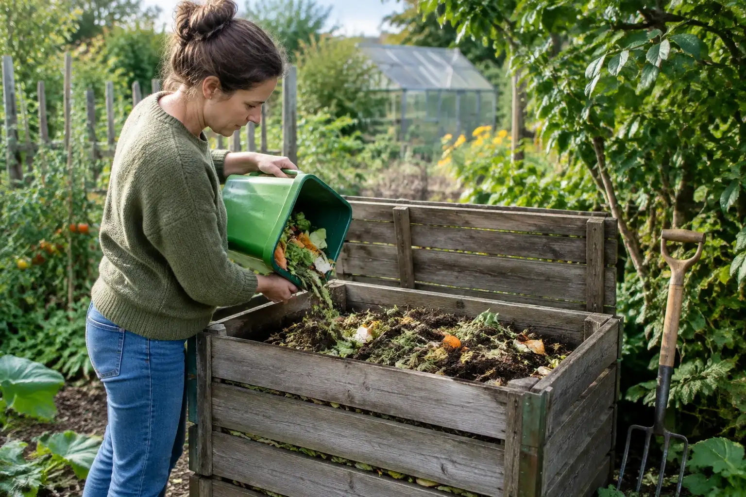 Vrouw kiept groen afval uit emmer in houten compostbak in zonnige moestuin
