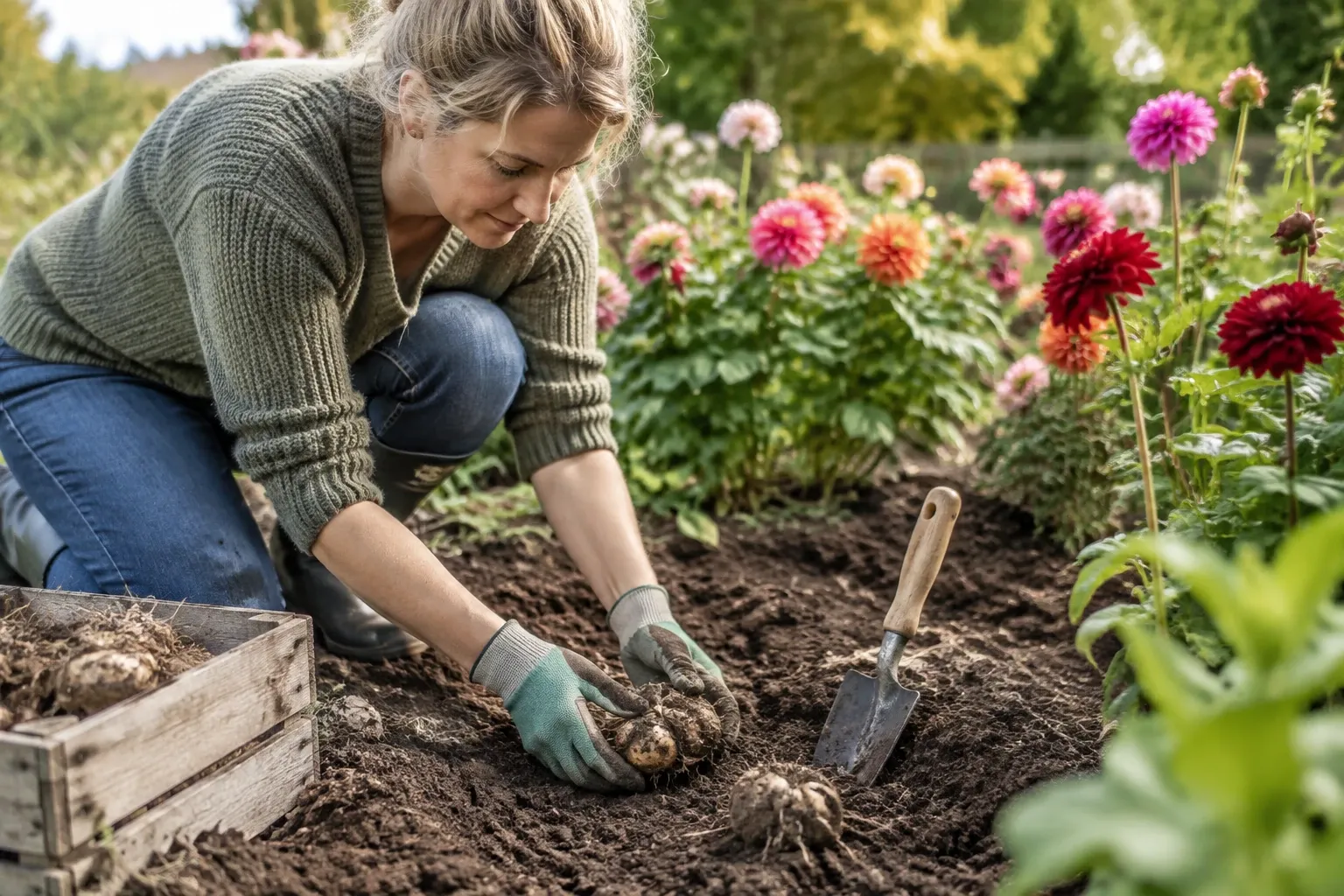 Vrouw knielt in tuin en plant een dahlia-knol naast bloeiende dahlia's