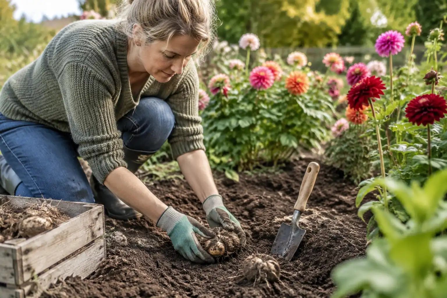 Vrouw knielt in tuin en plant een dahlia-knol naast bloeiende dahlia's