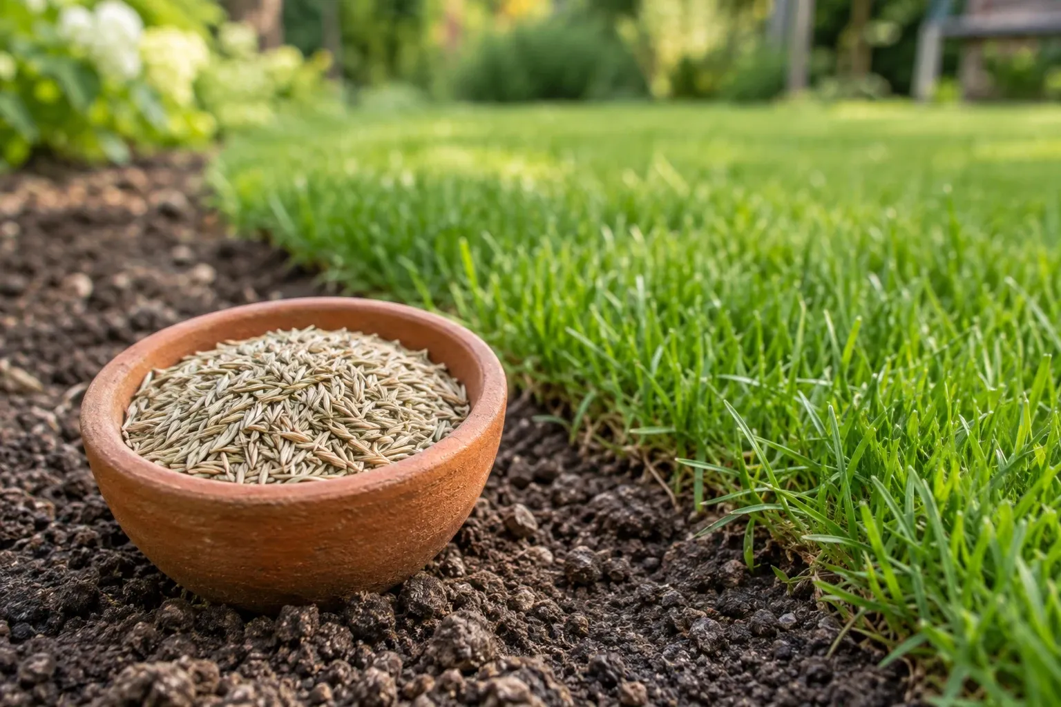 Kleien schaaltje met graszaad op omgewoelde aarde naast groen gazon