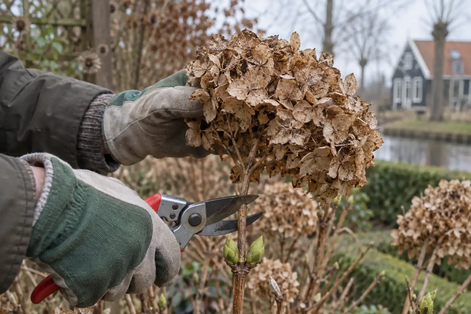 Handschoenen knippen droge hortensia bloemsteel met snoeischaar in wintertuin