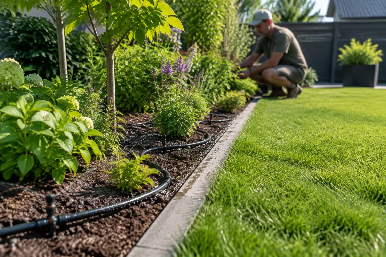 Tuinbed met druppelslang langs planten en man die het irrigatiesysteem installeert