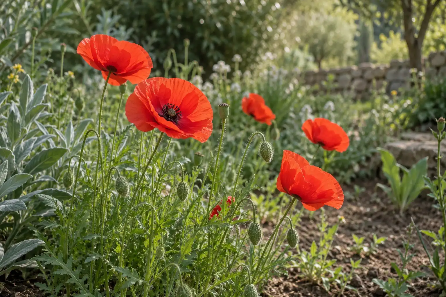 Felrode klaprozen in bloei tussen groen loof in zonovergoten tuinbed