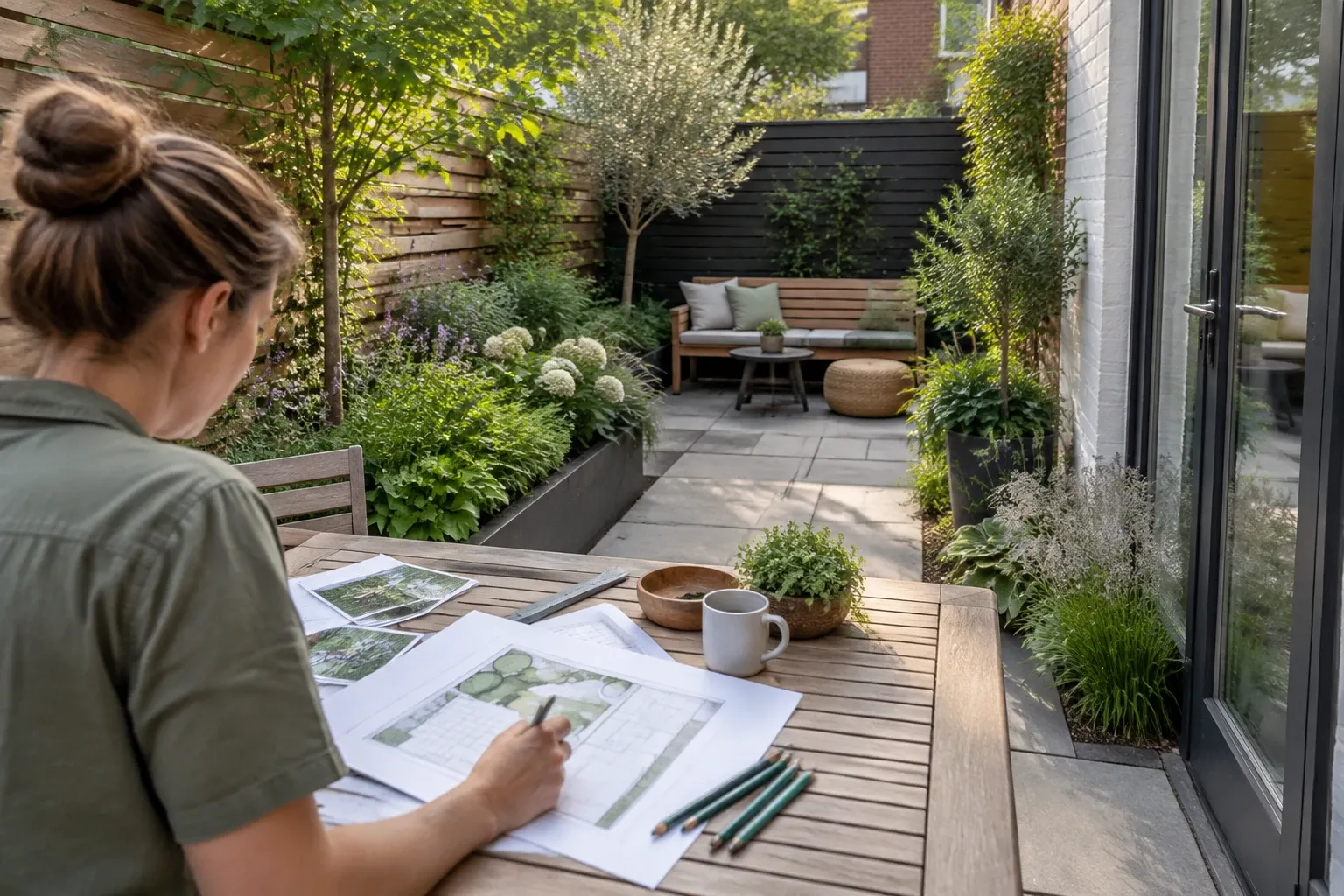 Persoon aan tafel die tuinontwerp tekent in kleine, groene stadstuin met zitje