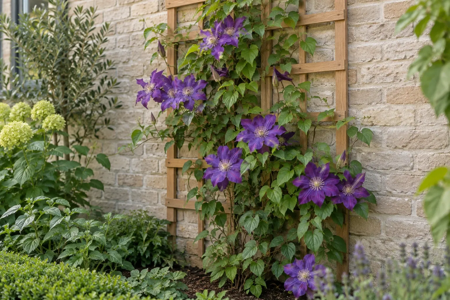 Paars clematis tegen houten klimrek tegen lichte bakstenen muur in tuin