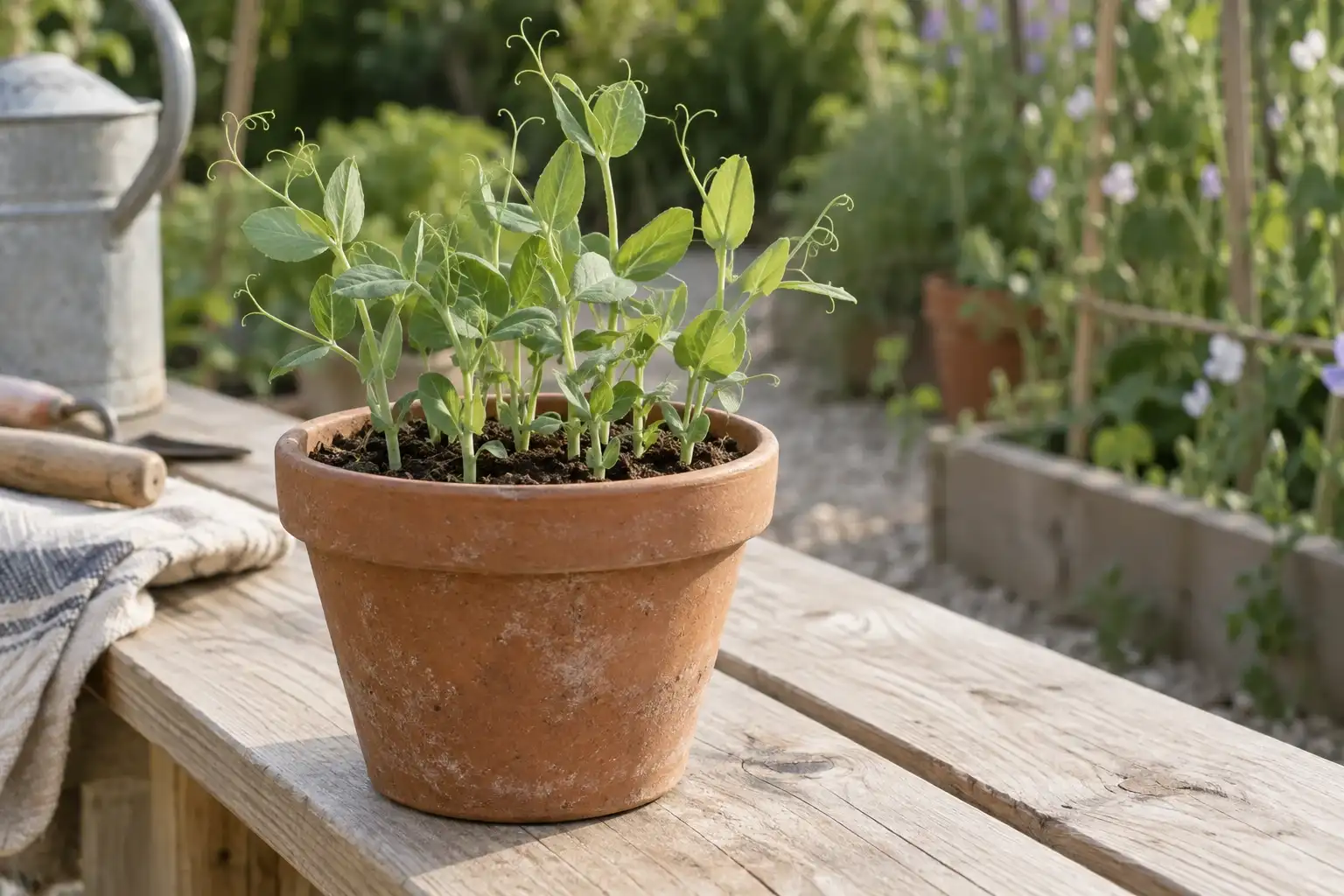 Kleine lathyruszaailingen in terracottapot op houten tuintafel, zacht zonlicht