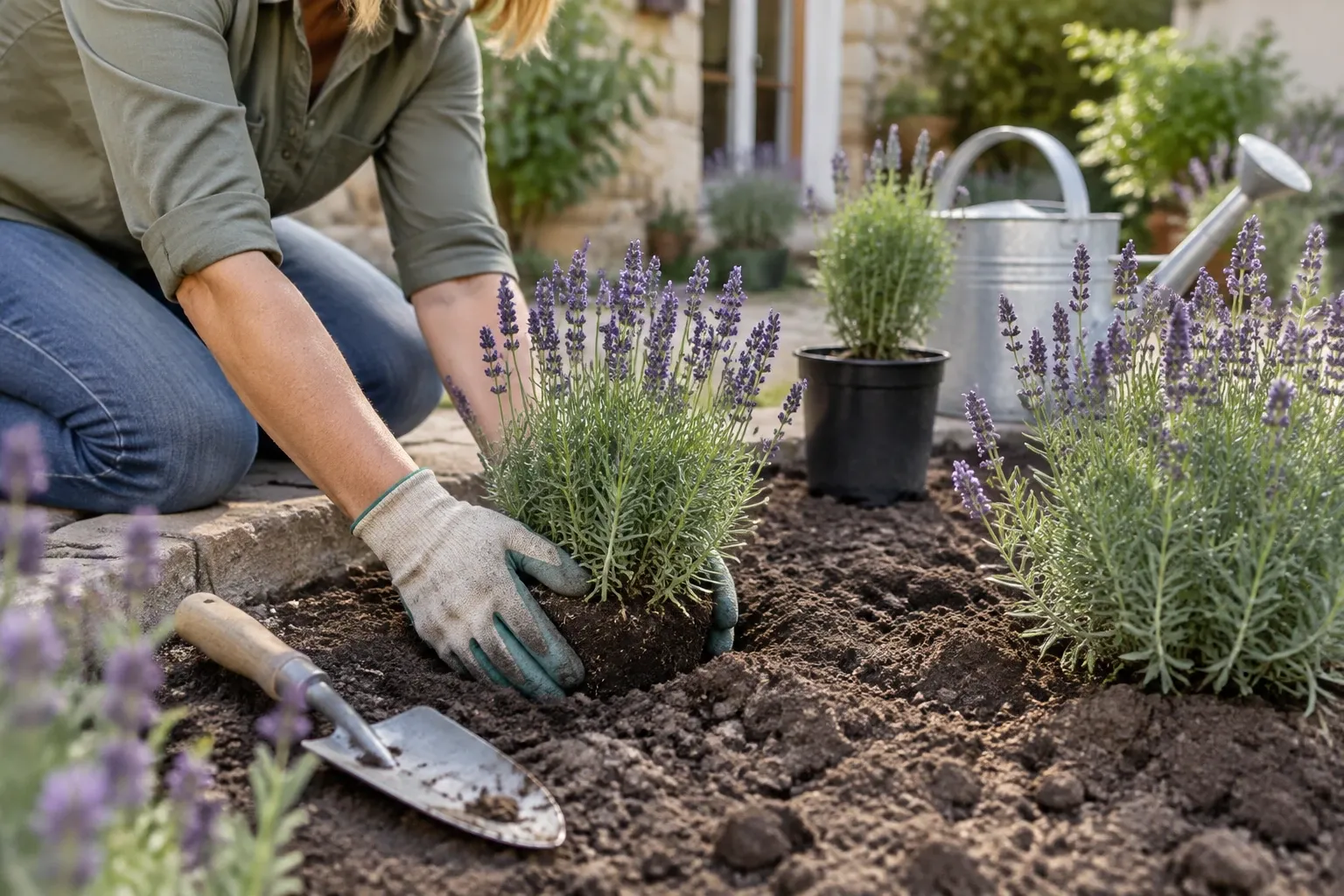 Persoon plant lavendel in tuin, handschoenen, schep en gieter zichtbaar