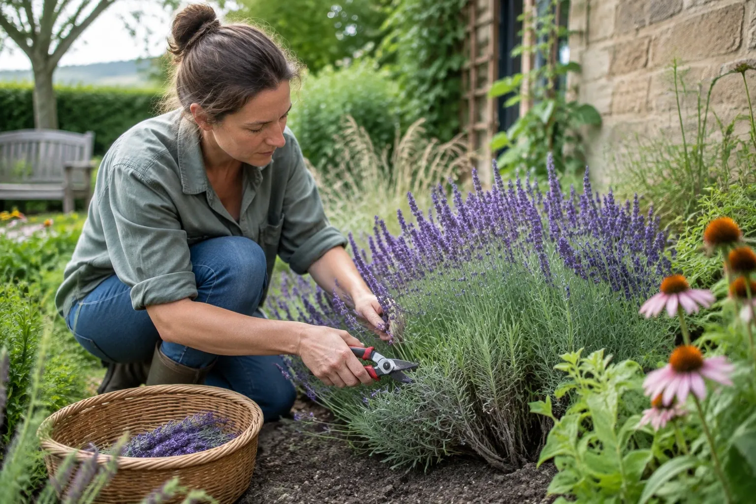 Vrouw knipt bloeiende lavendel met snoeischaar in zonnige tuin, mand met takken naast haar