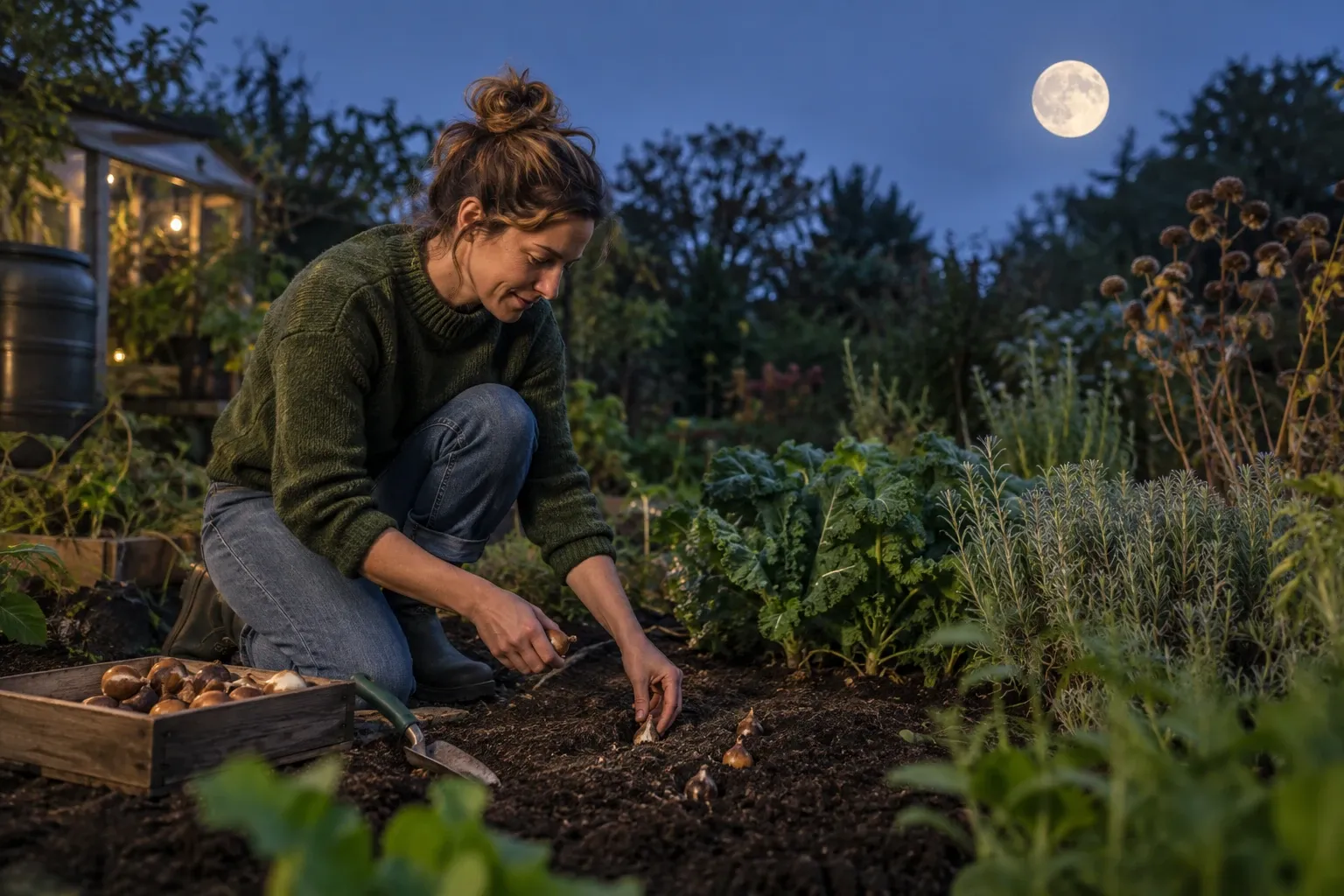 Vrouw knielt in moestuin bij volle maan en plant bloembolletjes in donkere aarde
