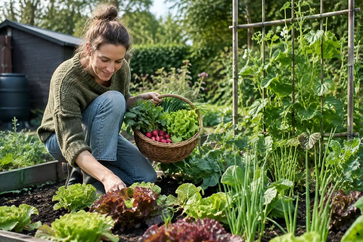 Vrouw knielt in moestuin met mand vol sla, radijs en kruiden, planten in volle grond