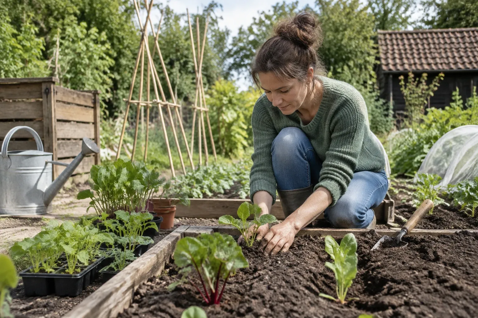 Vrouw plant jonge groenteplantjes in verhoogde moestuinbak, gietertje en tuingereedschap aanwezig