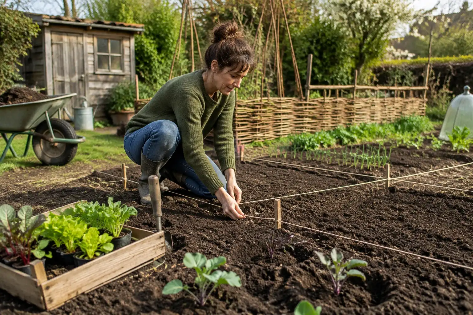 Vrouw knielt in moestuin, spant touwlijnen en plant jonge groenteplantjes