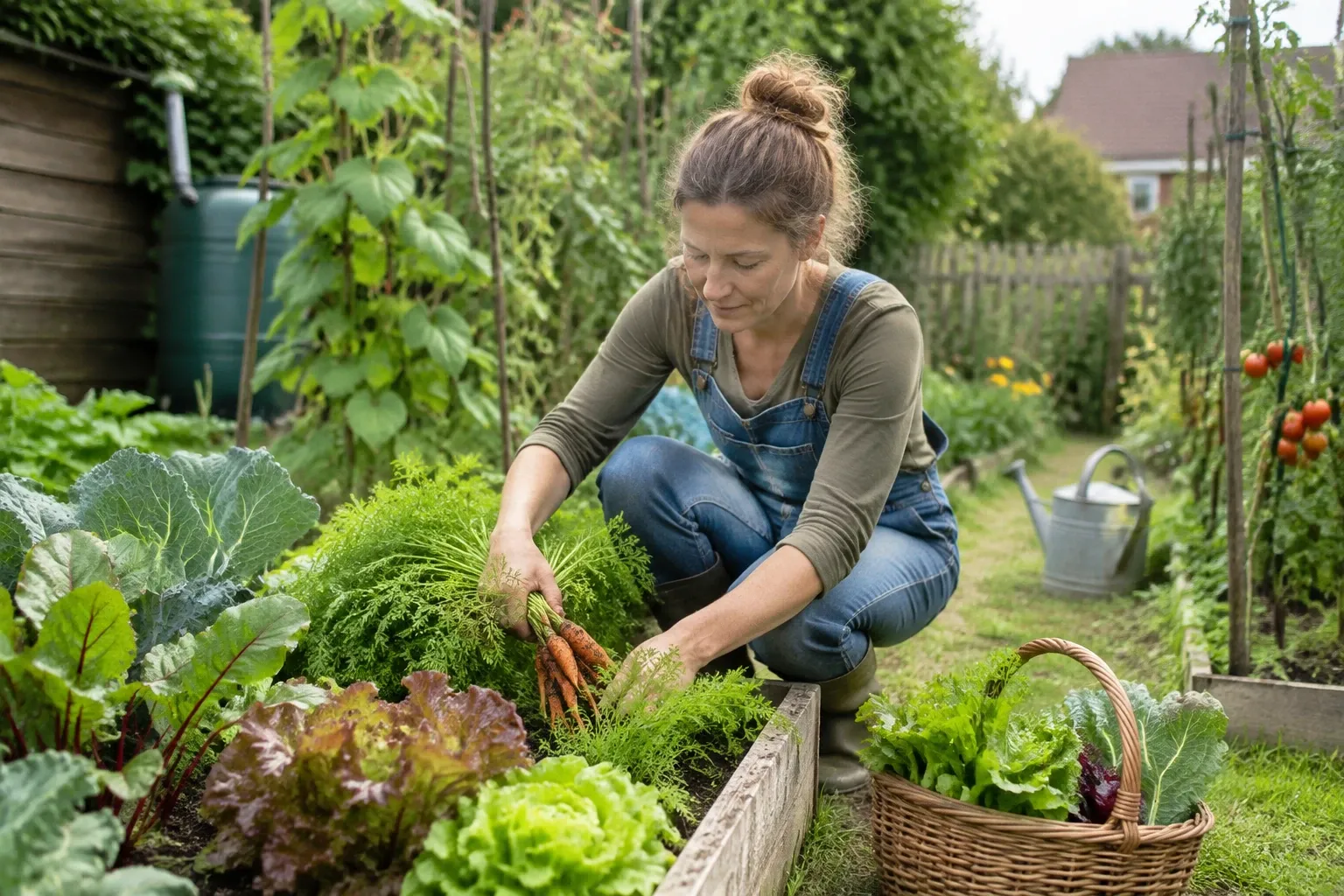 Vrouw in tuinenpak plukt wortels uit verhoogde bak tussen sla en tomaten
