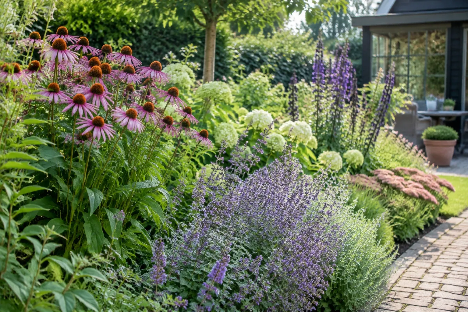 Tuinborder met bloeiende vaste planten: echinacea, kattekruid, hortensia en sedum tussen bestrating