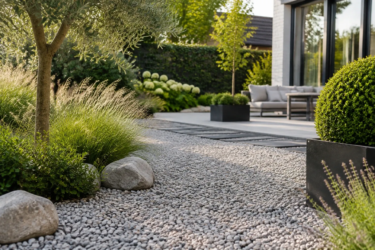Tuinpad met lichtgrind, sierkeien, bollenstruik en modern terras met loungebank
