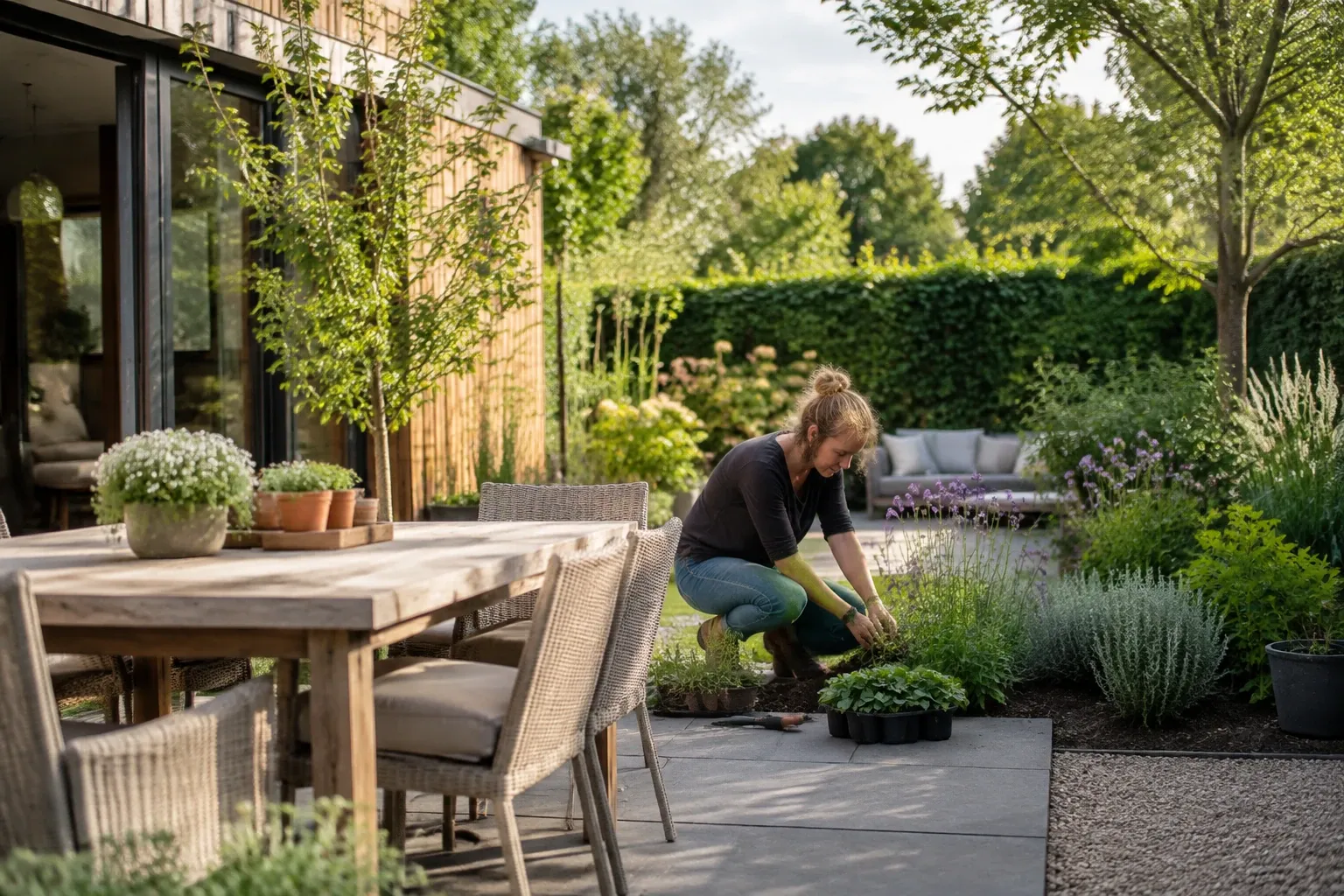 Vrouw plant kruiden in border naast terras met houten eettafel en zithoek