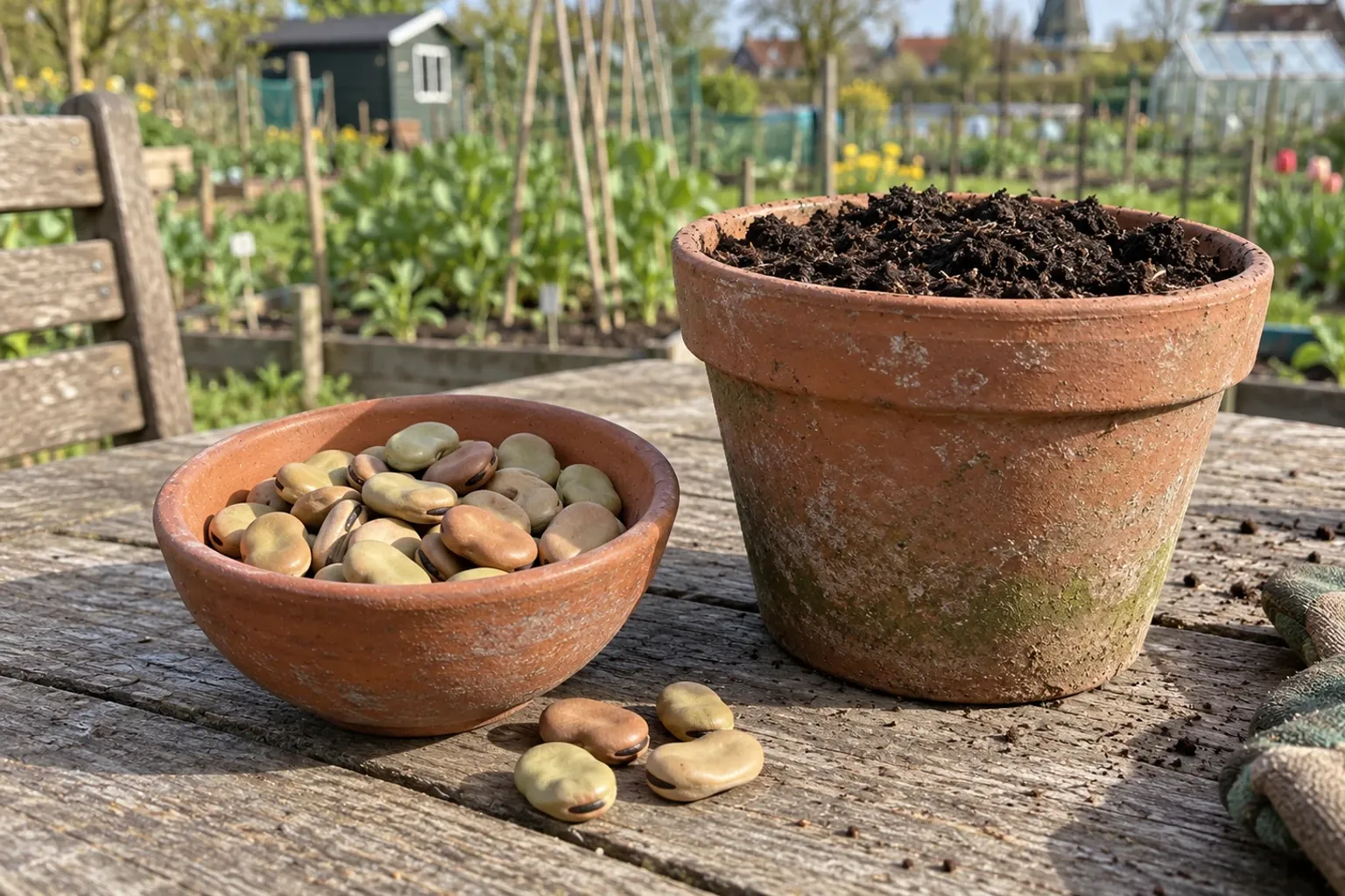 Schaaltje met tuinbonen naast terracottapot gevuld met potgrond op tuintafel