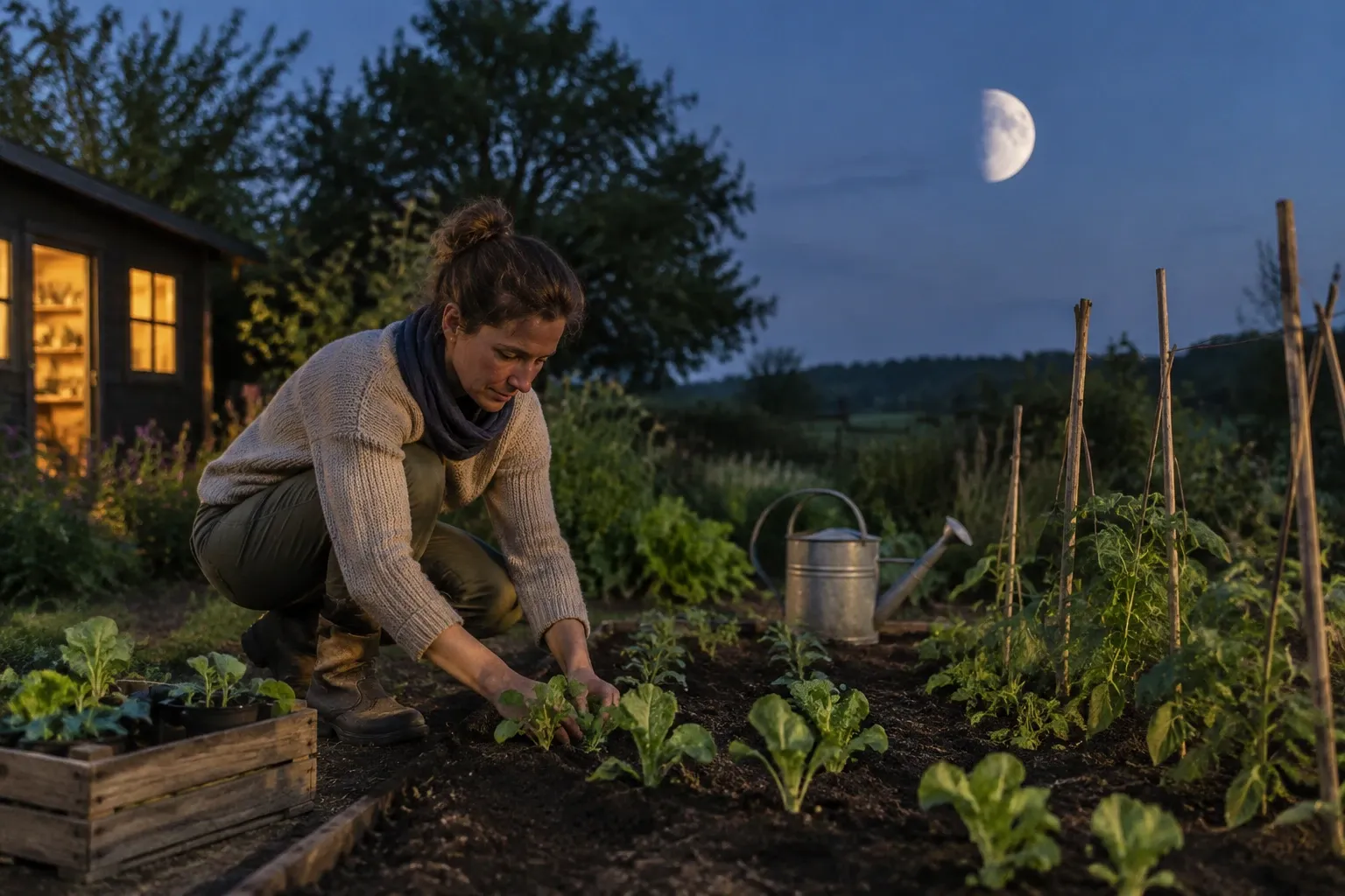 Vrouw die 's avonds planten in de moestuin plant met halve maan aan de hemel