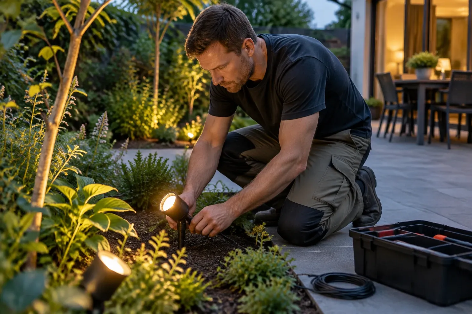 Man knielt in border en plaatst laagspannings tuinspot tussen beplanting en terrastegels