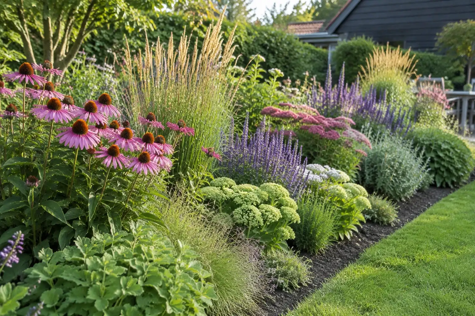 Border met roze zonnehoed, siergrassen, paarse salie en diverse vaste planten in zonlicht