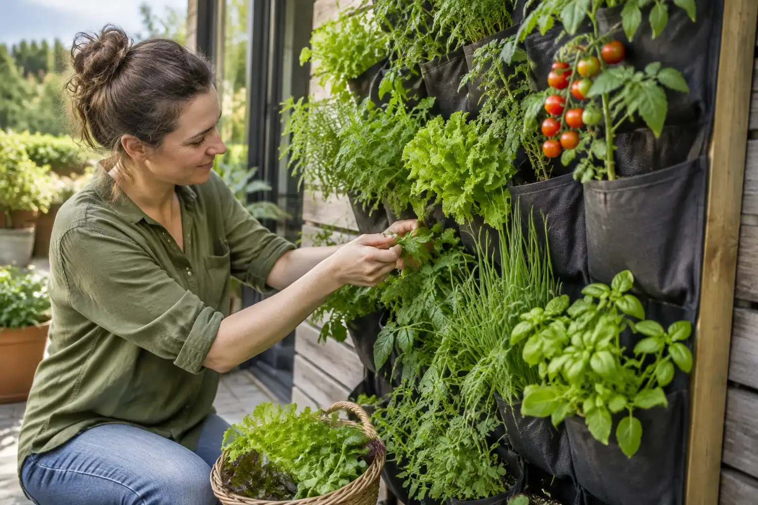 Vrouw plukt sla uit verticale moestuinzakken met tomaat- en kruidenplanten zichtbaar