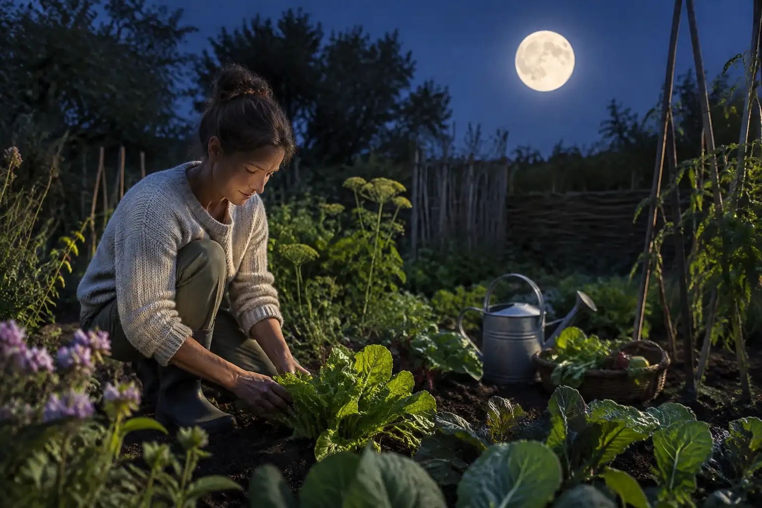 Vrouw knielt in moestuin bij volle maan, oogst sla naast gieter en mand