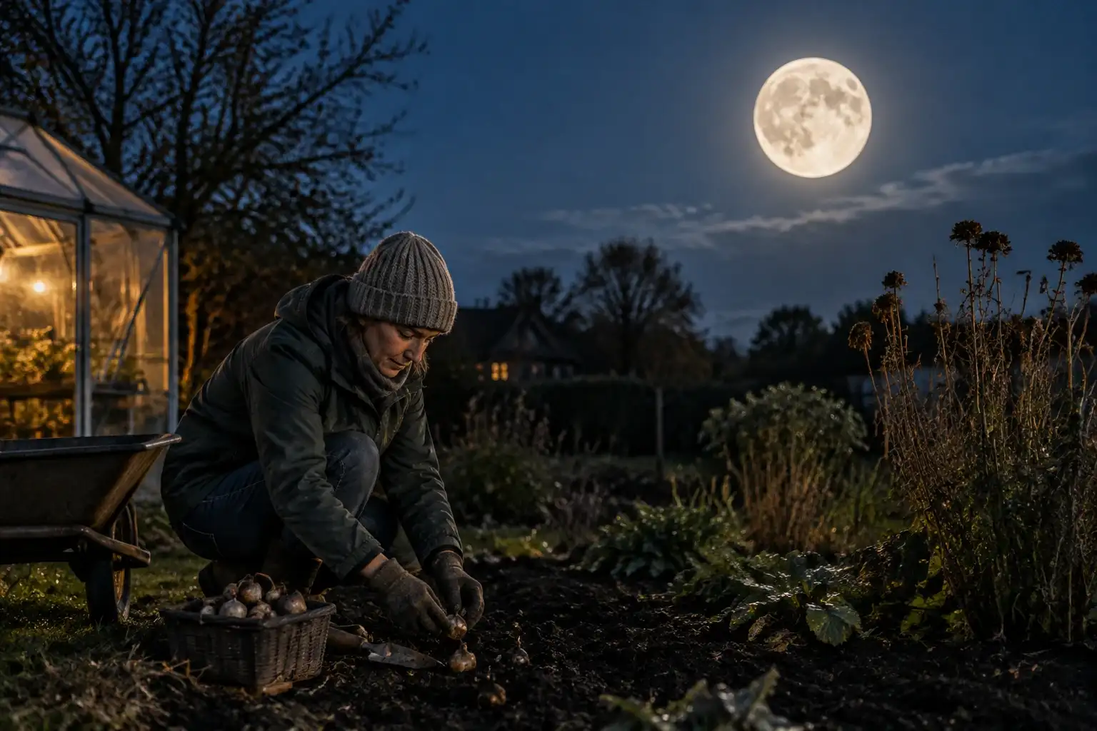 Persoon in warme jas en muts plant bloembollen in tuin onder volle maan