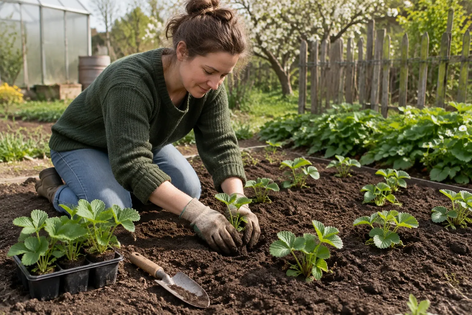 Vrouw knielt in moestuin en plant jonge aardbeienplanten in losse grond