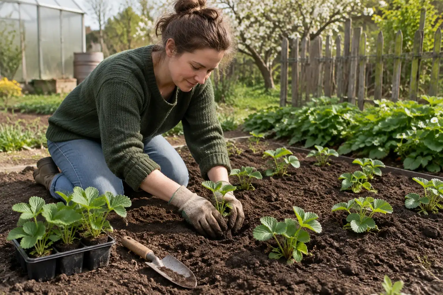 Vrouw knielt in moestuin en plant jonge aardbeienplanten in losse grond
