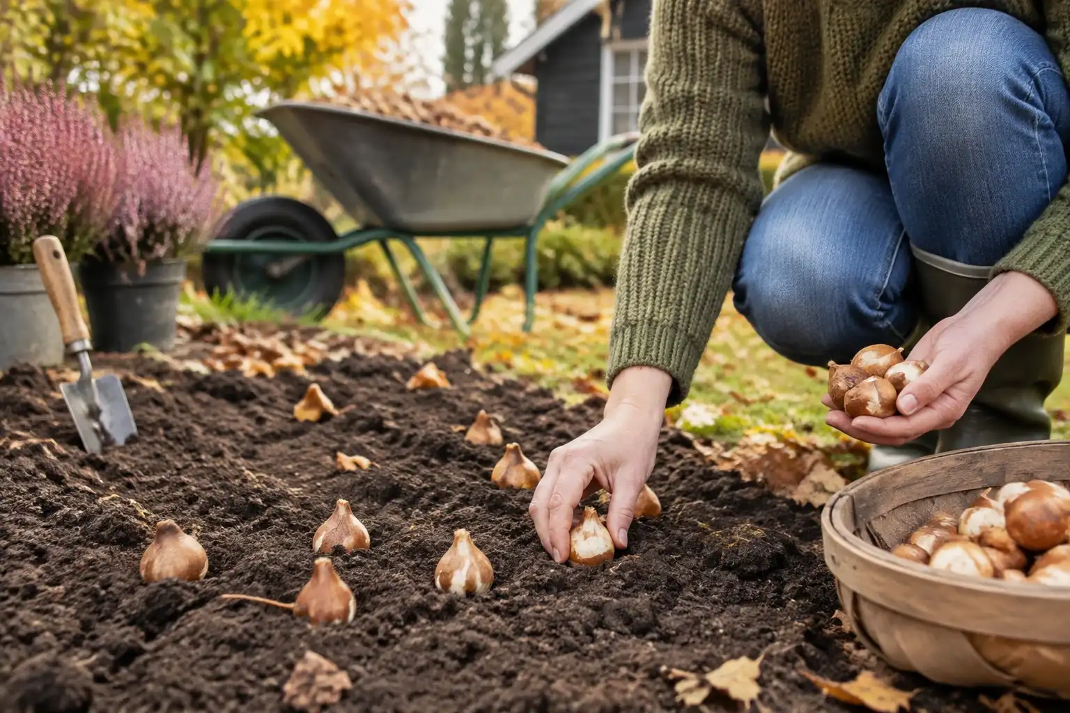 Handen die bloembollen in losse aarde planten, kruiwagen en mand met bollen zichtbaar