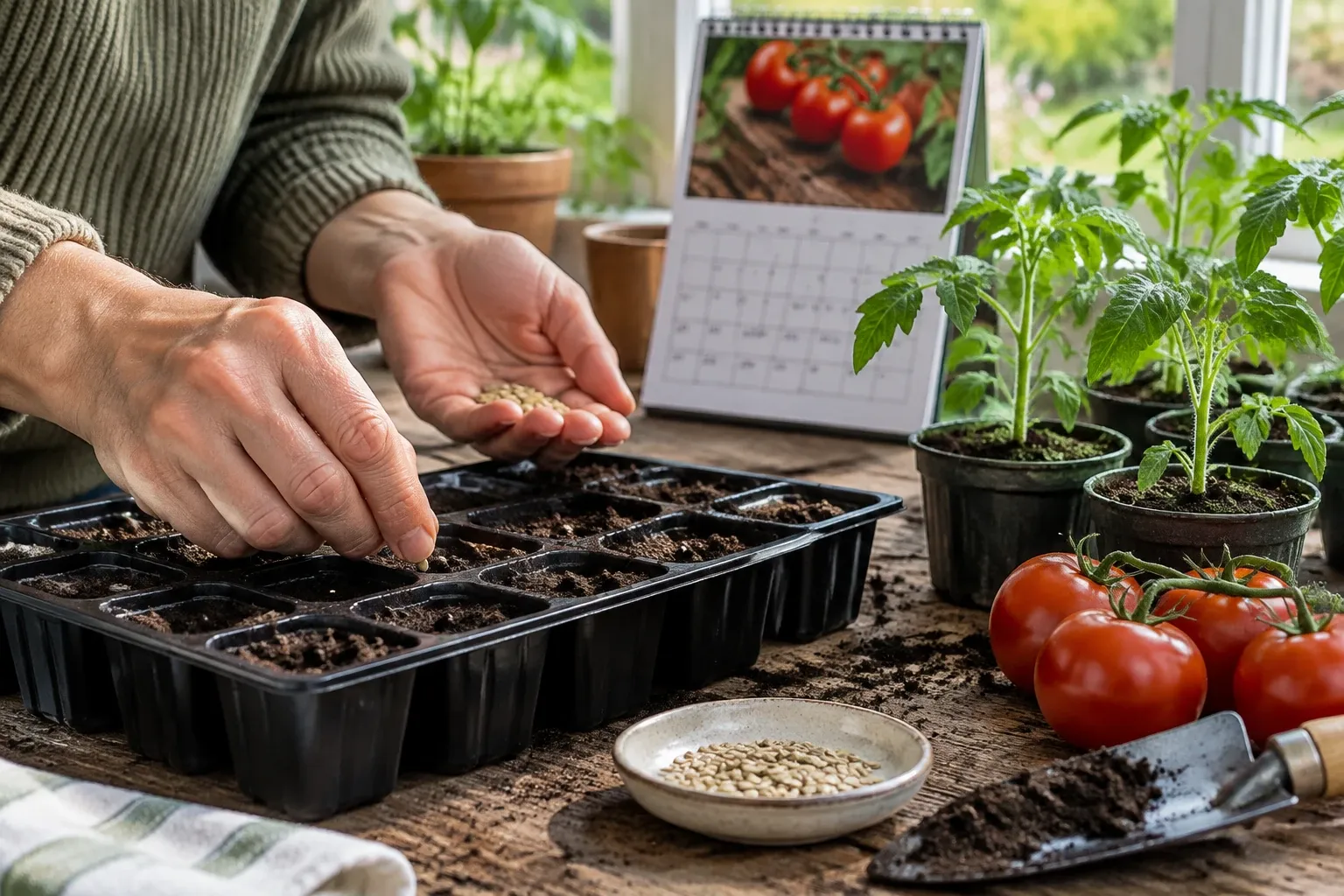 Handen zaaien tomatenzaad in zaaibakje bij tomatenplantjes en rijpe tomaten