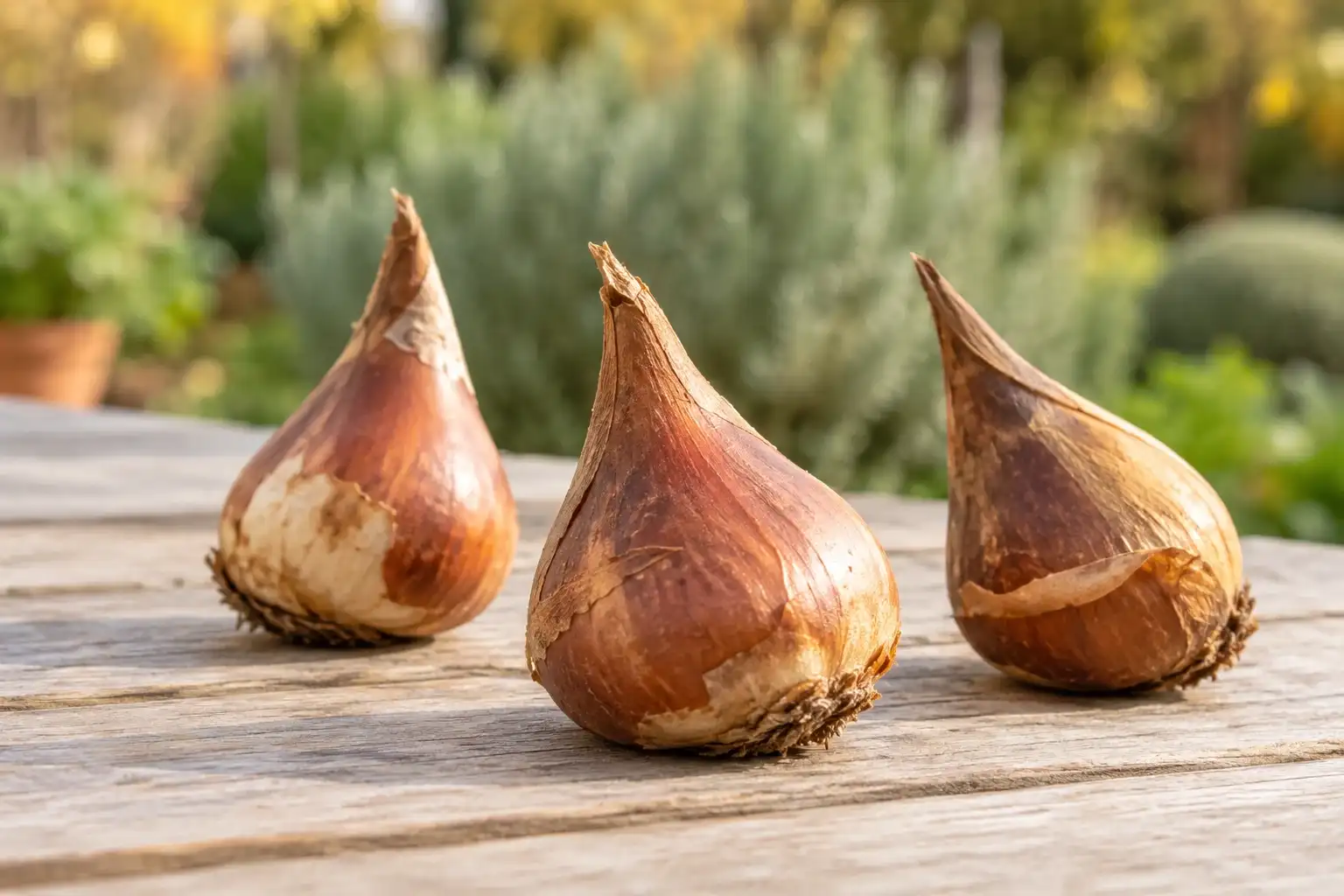 Drie tulpenbollen op houten tafel met vage tuin op de achtergrond