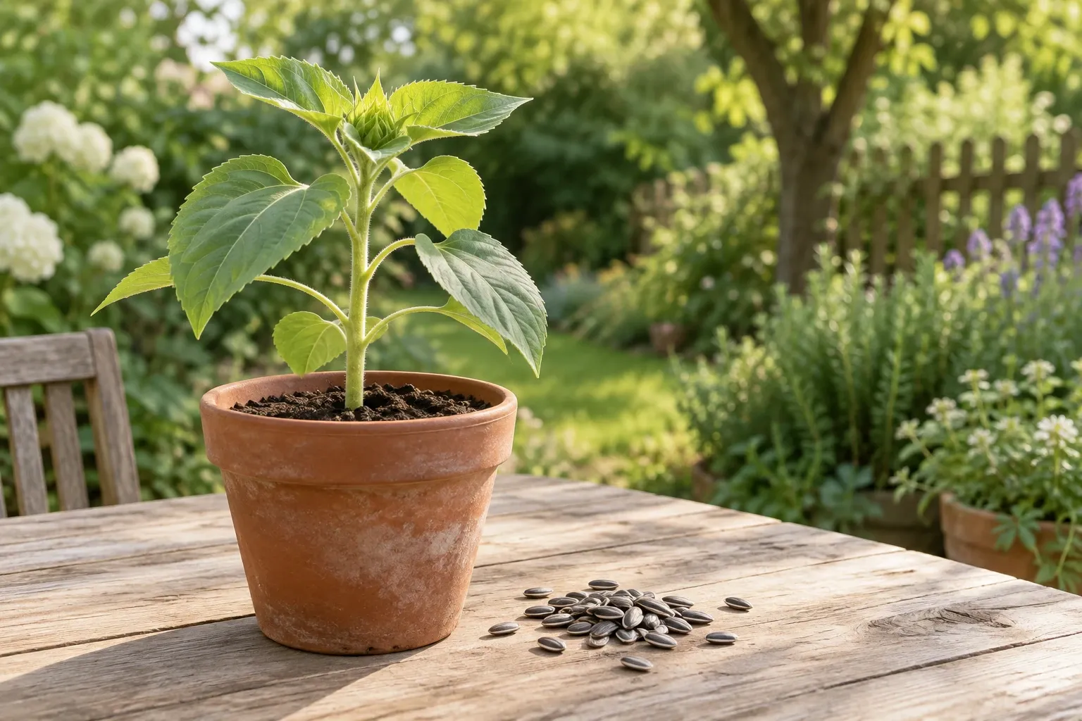 Jonge zonnebloemplant in terracottapot op tuintafel naast een handvol zaden