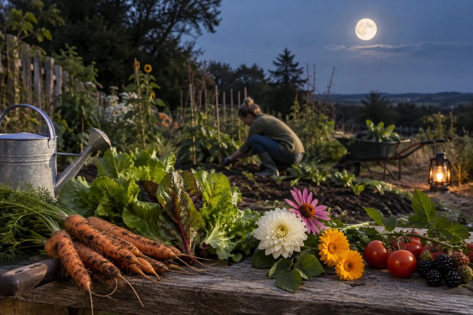 Volle maan boven moestuin, wortelen, sla, bloemen en tomaten op houten bank, persoon werkt op achtergrond
