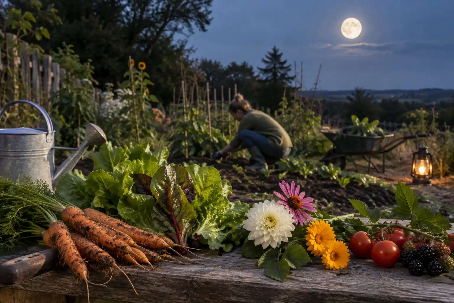 Volle maan boven moestuin, wortelen, sla, bloemen en tomaten op houten bank, persoon werkt op achtergrond