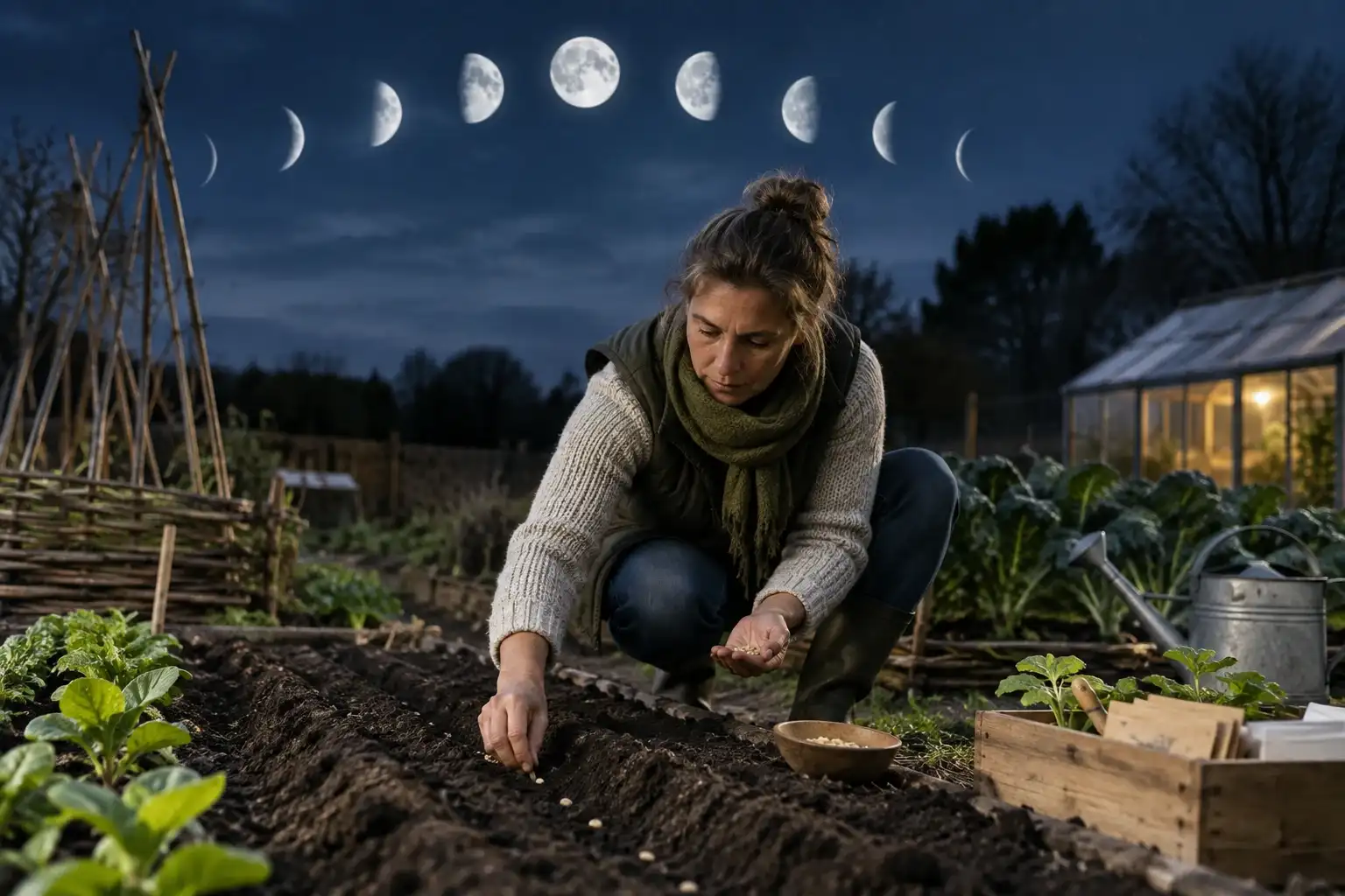 Vrouw zaait zaden in moestuin bij nacht, maanfasen zichtbaar boven horizon
