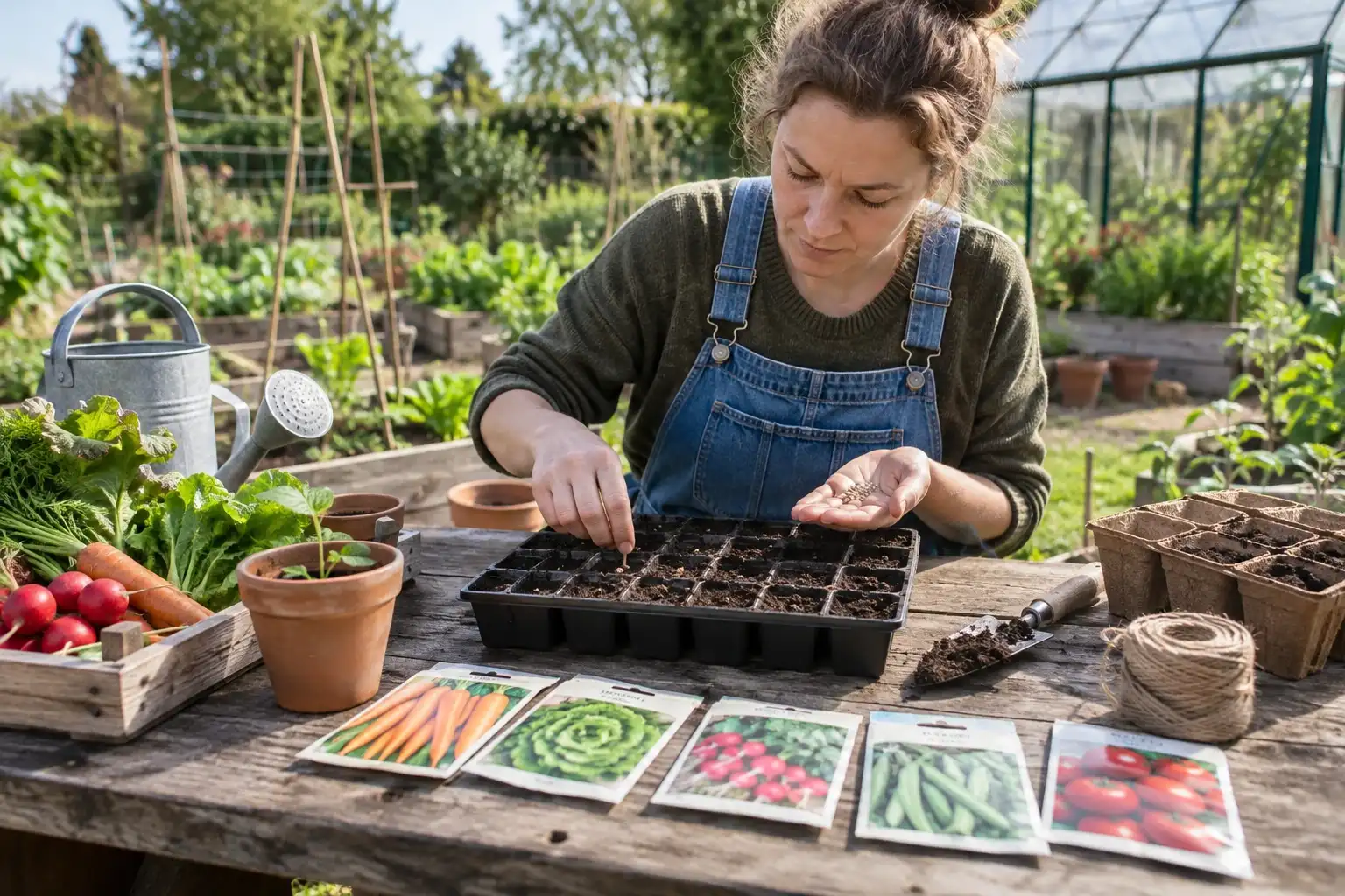 Vrouw in tuin zet zaden uit in opkweektray, zaadjes, zaadzakjes en gereedschap zichtbaar
